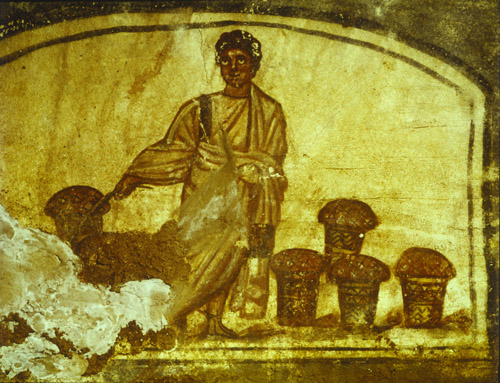 Blessing the bread, late 3rd century AD, early Christian wall painting, vault of a crypt in the cemetry of St Paul and St Marcellus, Rome, Italy