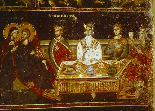 Marriage at Cana, 14th century wall painting, Church of St Nicholas Orphanos, Thessalonika, Greece