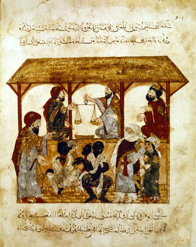 Slave market in Zabid in the Yemen, from the Maqarat of al-Hariri, illustrated by al-Wasiti, 1237, ms arabe 5847 Bibliotheque Nationale, Paris