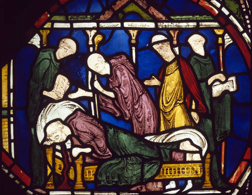 Detail of Hugh of Jervaux, Trinity Chapel number III,  panel 7,  Canterbury Cathedral, 13th century stained glass