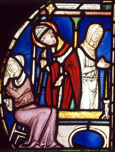 Cure of the daughters of Godbold of Boxley, Trinity Chapel number III, panel 26,  Canterbury Cathedral, 13th century stained glass, Canterbury, Kent, England