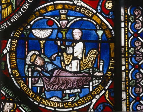 King Hezekiah lies near death, 13th century stained glass, Poor Mans Bible window, Corona Chapel, Canterbury Cathedral, Kent, England, Great Britain