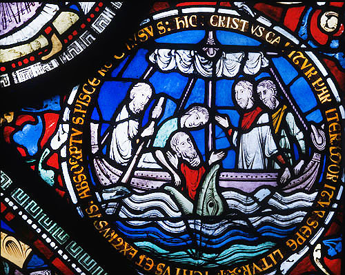 Jonah and the whale, thirteenth century Bible window, Corona Chapel, Canterbury Cathedral, Kent, England
