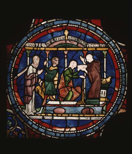 Cure of Ethelreda, Miracles of Thomas Becket, 13th century stained glass, Trinity Chapel, Canterbury Cathedral, Kent, England, Great Britain