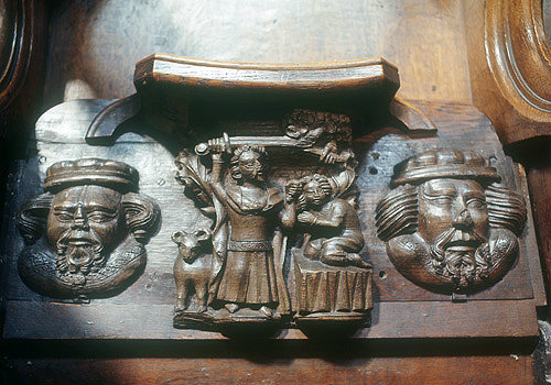 Abraham sacrificing Isaac, 14th century carved wooden miserichord, Worcester Cathedral, Worcestershire, England, Great Britain