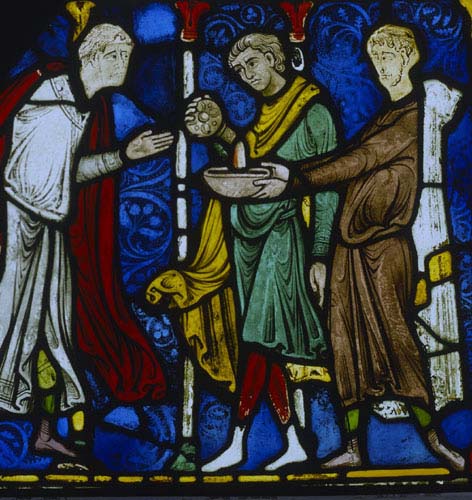 Pilgrims with healing water of St Thomas 13th century stained glass, Trinity Chapel, Canterbury Cathedral, Kent, England, Great Britain