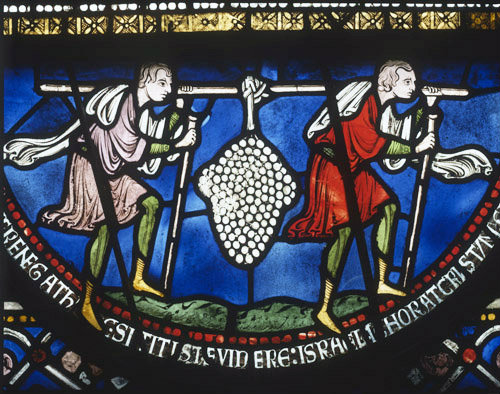 The two spies, the Bible window in the Corona, panel 7, Canterbury Cathedral, 13th century stained glass, Canterbury, Kent, England