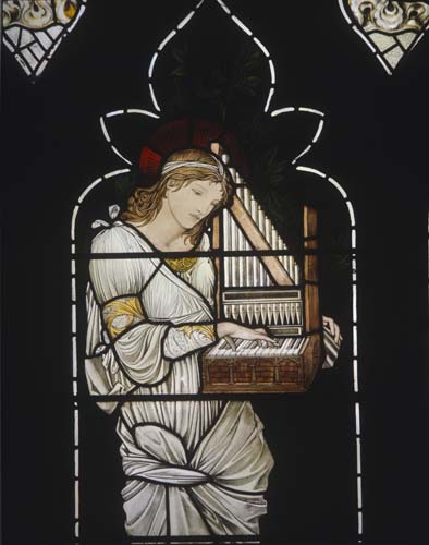 St Cecilia, 19th century pre-raphaelite stained glass by Edward Burne-Jones, Christ Church Cathedral, Oxford, England