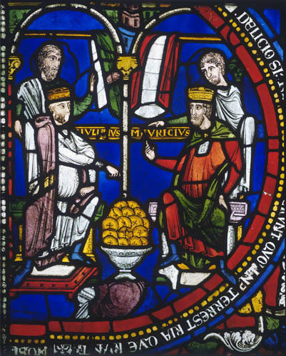 The Rich Pagan Roman Emperors Julian and Maurice, panel 7 Poor Mans Bible Window, number I,  Canterbury Cathedral, 12th century stained glass, Canterbury, Kent, England