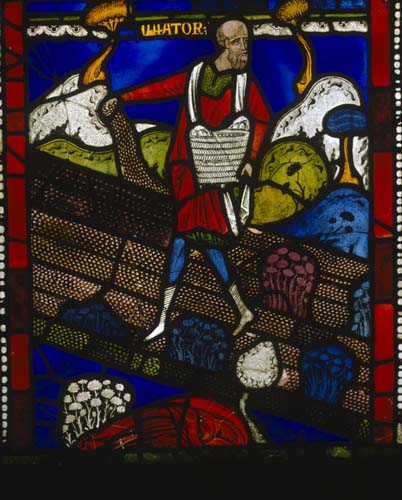 Parable of the sower among thorns, 12th century stained glass, Poor Mans Bible window I, Canterbury Cathedral, Kent, England, Great Britain