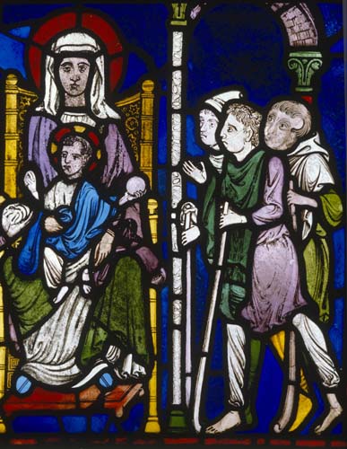 Adoration of the Shepherds, 13th century stained glass, Canterbury Cathedral, Kent, England, Great Britain