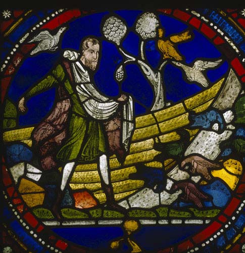 Sower on stony ground, Poor Mans Bible window, 13th century stained glass, north choir aisle, Canterbury Cathedral, Kent, England, Great Britain