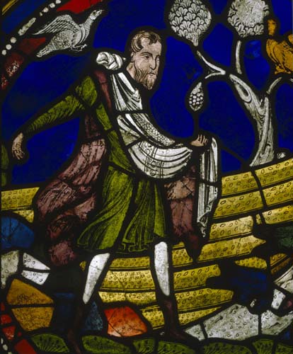 Parable of the sower on stony ground, 13th century stained glass, Poor Mans Bible window, north choir aisle, Canterbury Cathedral, Kent, England, Great Britain