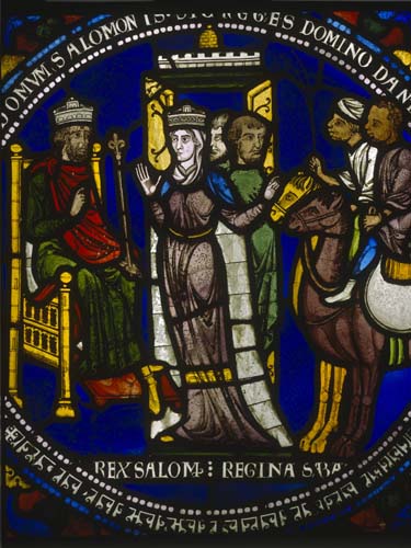 Solomon and the Queen of Sheba, 13th century stained glass, Poor Mans Bible window, Canterbury Cathedral, Kent, England, Great Britain