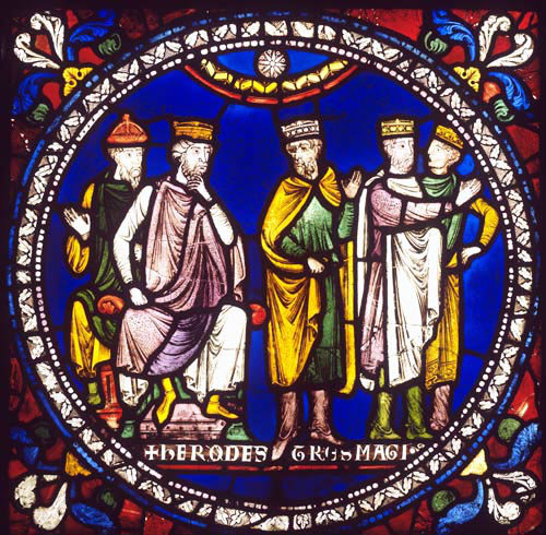 The Magi before Herod, panel 33 in the Poor Mans Bible Window no 1, North Quire Aisle, Canterbury Cathedral, 13th century stained glass, Canterbury, Kent, England