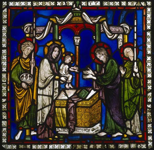 Presentation of Christ Child in the temple, Poor Mans Bible window, 12th century stained glass, north choir aisle, Canterbury Cathedral, Kent, England, Great Britain