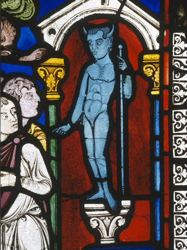 Detail of the Pagan panel 34 in The Poor Mans Bible Window Canterbury Cathedral 13th century