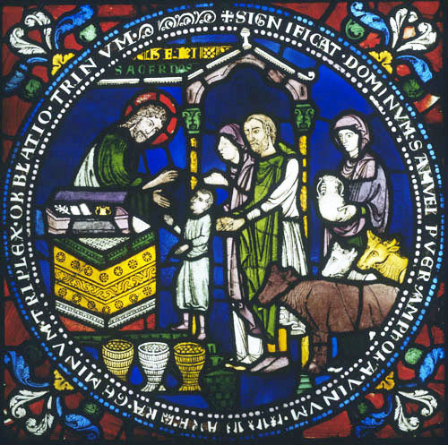 Eli receiving Samuel, panel 17  Poor Mans Bible window no 1,  Canterbury Cathedal 13th century stained glass, Canterbury, Kent, England