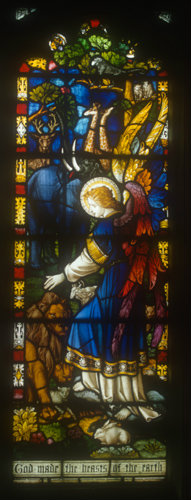 Creation of the animals, twentieth century panel in west window St Edmundsbury Cathedral, Bury St Edmunds, Suffolk, England