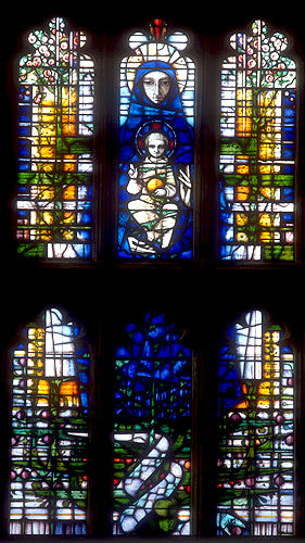Great west window by John Hayward, 1997, Virgin and Child, Sherborne Abbey, Dorset, England