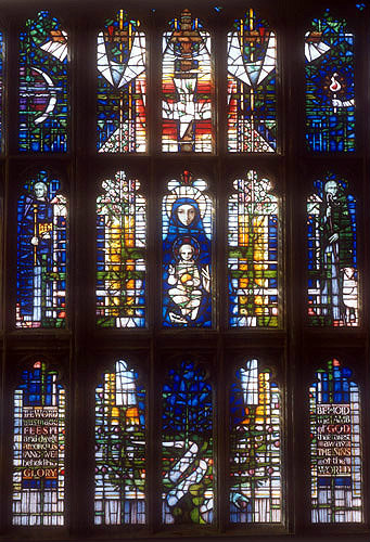 Great west window by John Hayward, 1997, Virgin and Child, Sherborne Abbey, Dorset, England