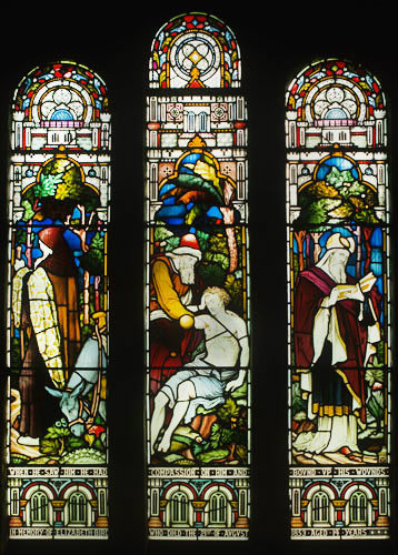 Good Samaritan, east window in north chapel, Church of St John the Baptist, Little Missenden, Buckinghamshire, England