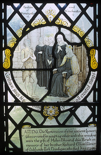 England, Little Missenden, Buckinghamshire, St Hilda of Whitby and the poet Caedmon, detail of window in north chapel Church of St John the Baptist