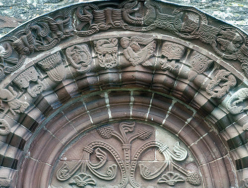 Tympanum over south door, twelfth century, Church of SS Mary and David, Kilpeck, Herefordshire, England
