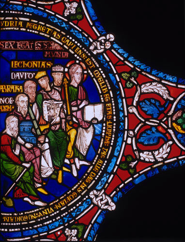 Six Ages of The World represented by Adam  Noah Abraham David  Jeconiah and  Christ Poor Mans bible window 2 Canterbury Cathedral