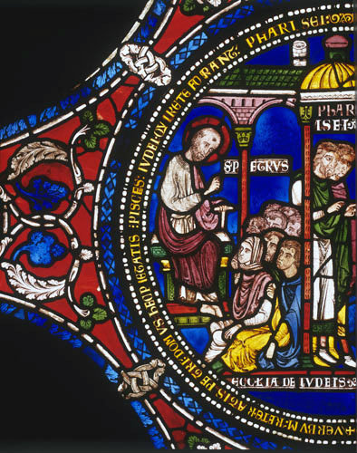 St Peter preaching to the converts, Bible Window no 2, panel 12, Canterbury Cathedral, 13th century stained glass, Canterbury, Kent, England