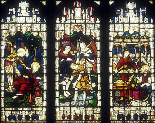 Elijah fed by angel, Naaman washing in Jordan, Elisha and miracle of loaves, window 22, twentieth century, south aisle, Bury St Edmunds Cathedral, Suffolk, England