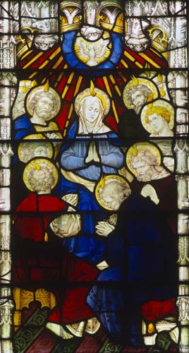Pentecost, 19th century stained glass, St Edmundsbury Cathedral, Bury St Edmunds, Suffolk, England, Great Britain