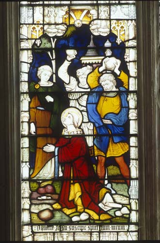 Stoning of St Stephen, 19th century stained glass, south aisle, St Edmundsbury Cathedral, Bury St Edmunds, Suffolk, England, Great Britain