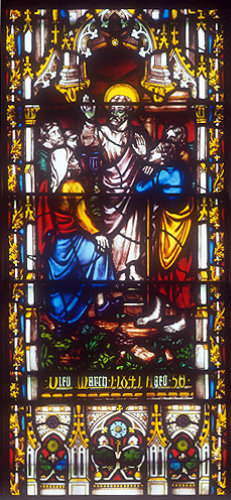 St Paul preaching in Athens, window 12, nineteenth century, by Warrington, south aisle, St Edmundsbury Cathedral, Bury St Edmunds, Suffolk