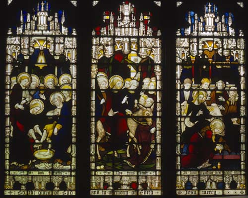 Washing of feet, Entry into Jerusalem, Supper at Bethany, 19th century stained glass, St Edmundsbury Cathedral, Bury St Edmunds, Suffolk, England, Great Britain