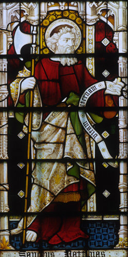 St Matthias chosen to replace Judas Iscariot as Apostle window 8 South aisle St Edmundsbury Cathedral 19th century