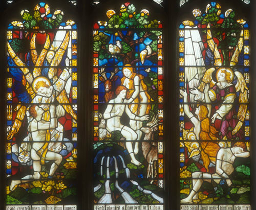 Creation of Adam and Eve, window 29, bottom row, nineteenth century, St Edmundsbury Cathedral, Bury St Edmunds, Suffolk, England