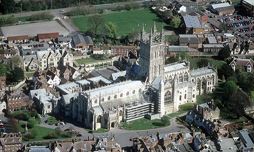 Gloucester Cathedral, aerial view from south west, Gloucester, England