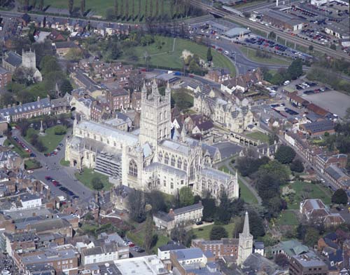 Gloucester cathedral, aerial from the south east, Gloucestershire, England, Great Britain