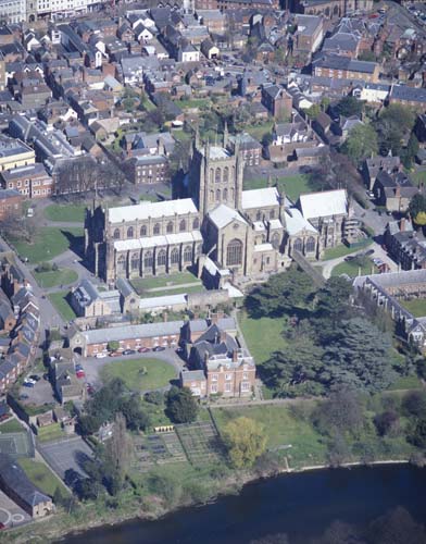 Hereford Cathedral, aerial view from the south, Herefordshire, England, Great Britain