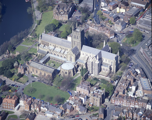 Worcester Cathedral from south west, aerial, Worcestershire, England, Great Britain