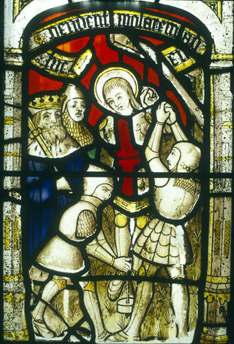 St George hung on a gibbet with weights on his feet, St George window, sixteenth century, Church of St Neot, Cornwall, England