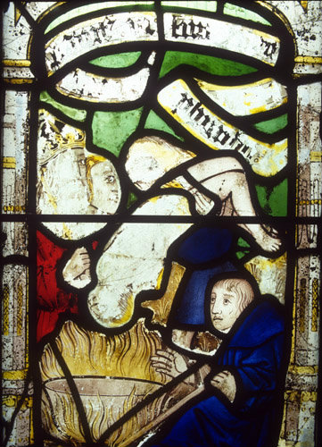 St George thrown into a furnace of burning lead, St George window, sixteenth century, Church of St Neot, Cornwall, England