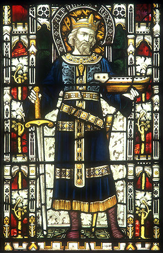 King Alfred, detail, south nave aisle window no.4, commemorative window, South African war, twentieth century, Clayton and Bell, Exeter Cathedral, Devon, England