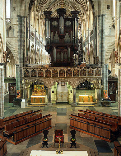 Organ, built by John Loosemore, 1665, and choir screen, Exeter Cathedral, Devon, England
