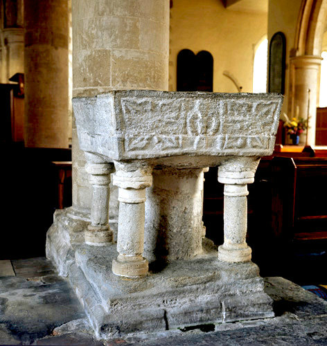 Norman font, twelfth century, Church of St Mary, Sidlesham, Sussex, England