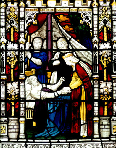 Edward I on his death bed, detail, south nave aisle window, twentieth century, Clayton and Bell, Exeter Cathedral, Devon, England