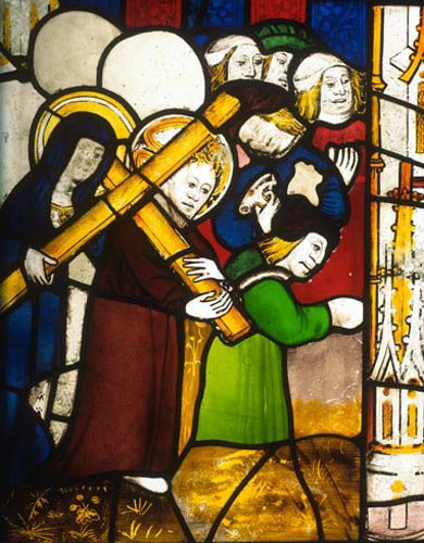 Christ carrying the cross, detail of fifteenth century North East window, Church of St James the Great, St Kew, Cornwall, England