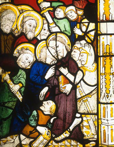 Betrayal, detail of fifteenth century North East window, Church of St James the Great, St Kew, Cornwall, England