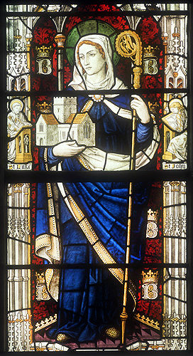 St Bridget, detail, window no 6, south aisle of nave, twentieth century, Burlison and Grylls, Exeter Cathedral, Devon, England